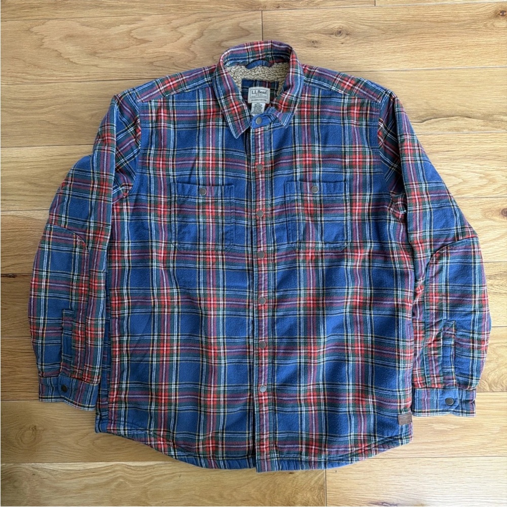 LL Bean Shirt Jacket Slightly Fitted Plaid Flannel Sherpa Lined Men's Size L Reg
